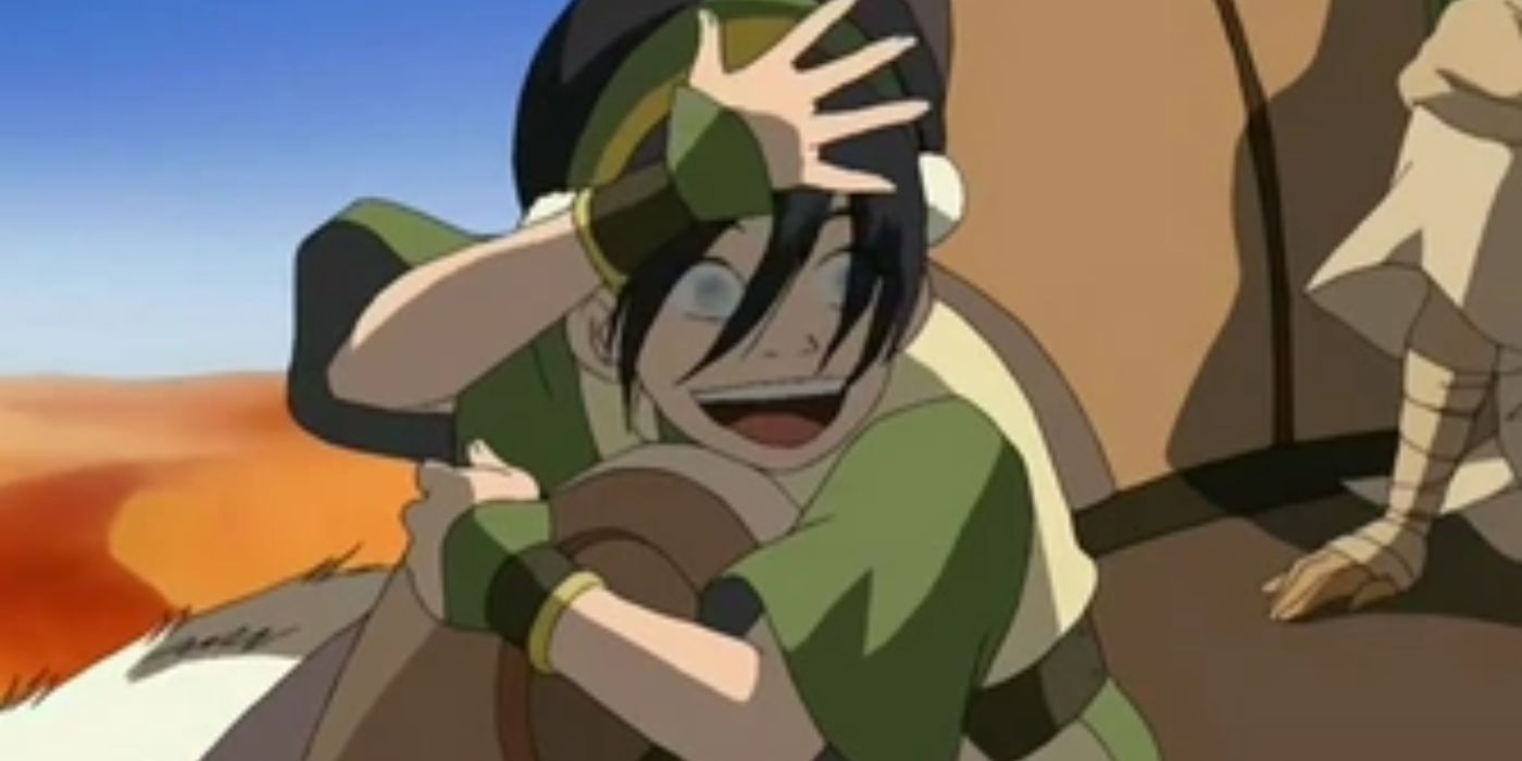 Toph riding Appa in Avatar the Last Airbender. 