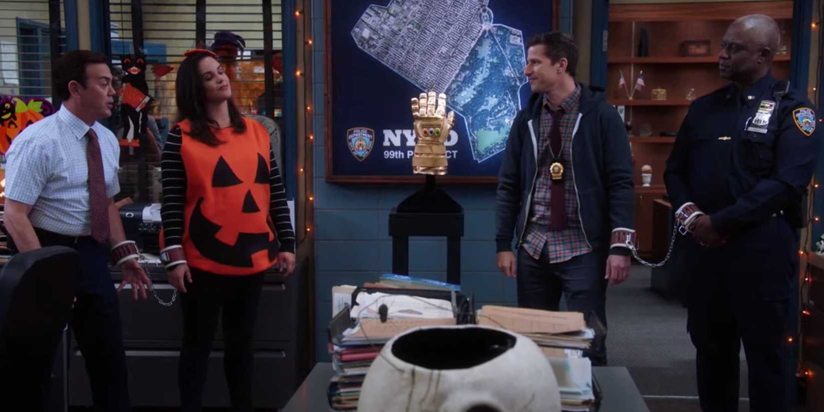 Characters standing around the Infinity Gauntlet in Brooklyn Nine-Nine