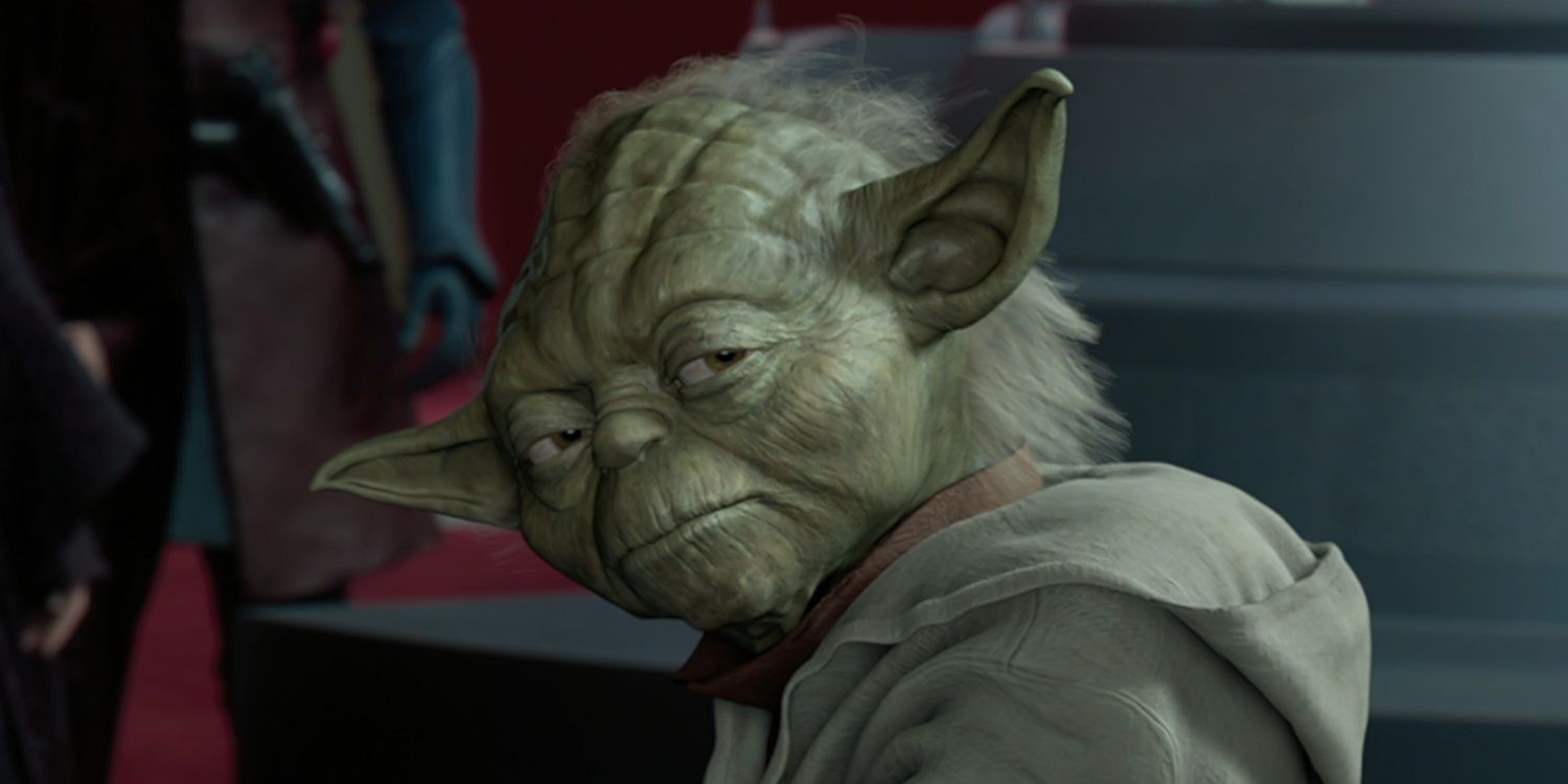 Yoda looking back in Attack of the Clones with a serious expression