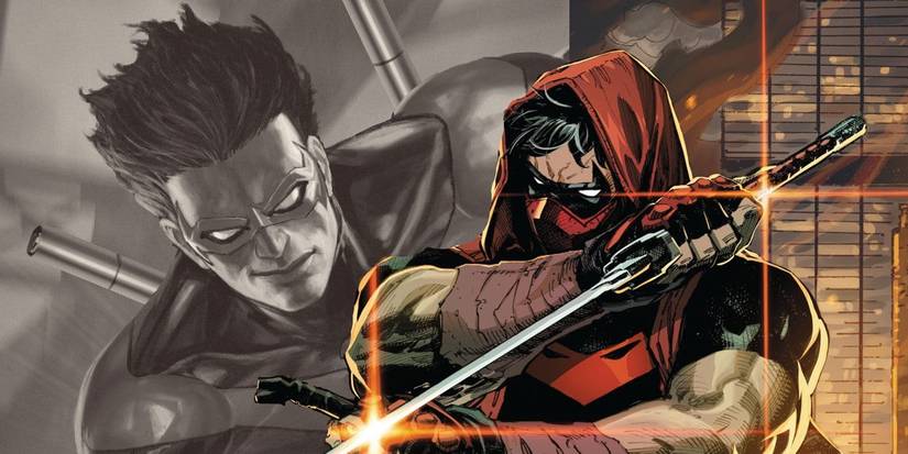 Comic book art: Red Hood looks menacing in front of a sepia image of Nightwing.