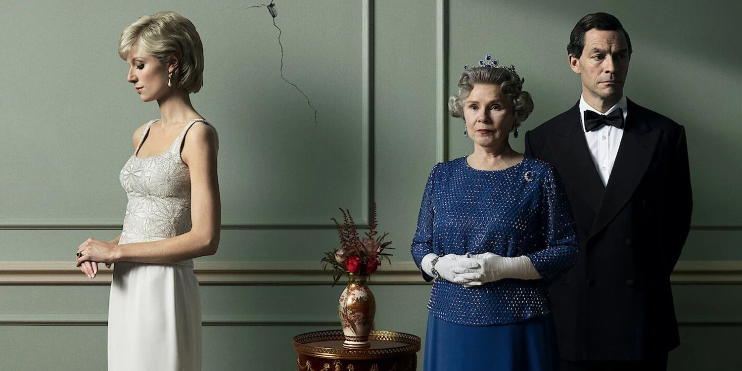 Poster for The Crown season 5 showing Princess Diana, Queen Elizabeth II, and Prince Charles.