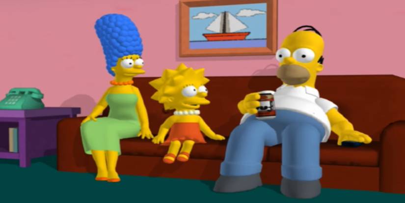 Homer, Marge, and Lisa on the couch in the end cutscene of The Simpsons: Hit and Run
