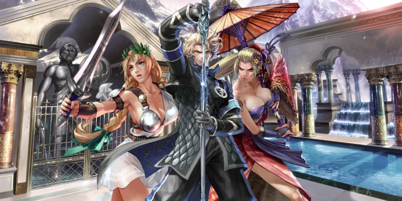 Patroklos standing in front of Soulcalibur's Sophitia and Setsuka
