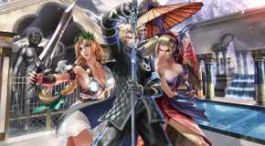 Patroklos standing in front of Soulcalibur's Sophitia and Setsuka