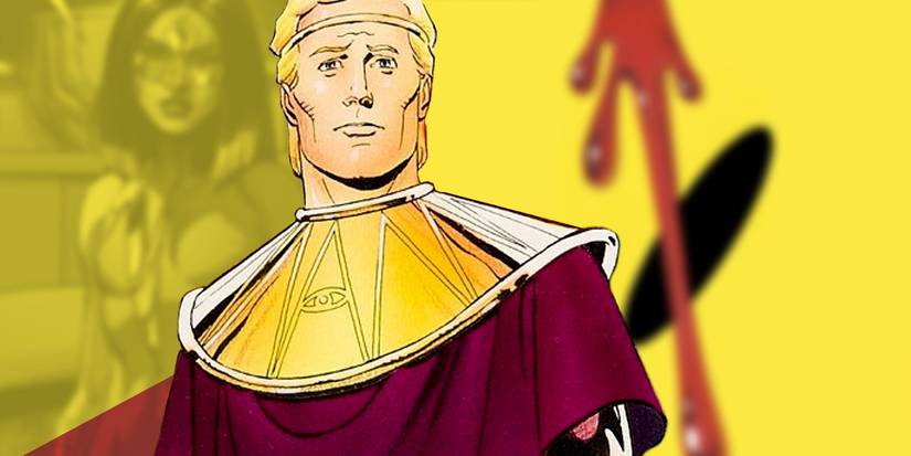 Watchmen, Ozymandias (foreground) against a backdrop of the yellow smiley-logo & panel from the book.