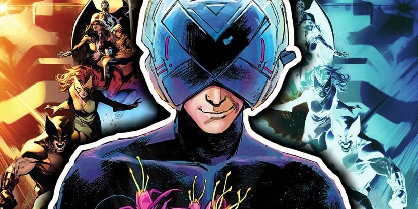 Feature Image: X-Men's Charles Xavier, with X-Men team behind him on the left, negative image on the right