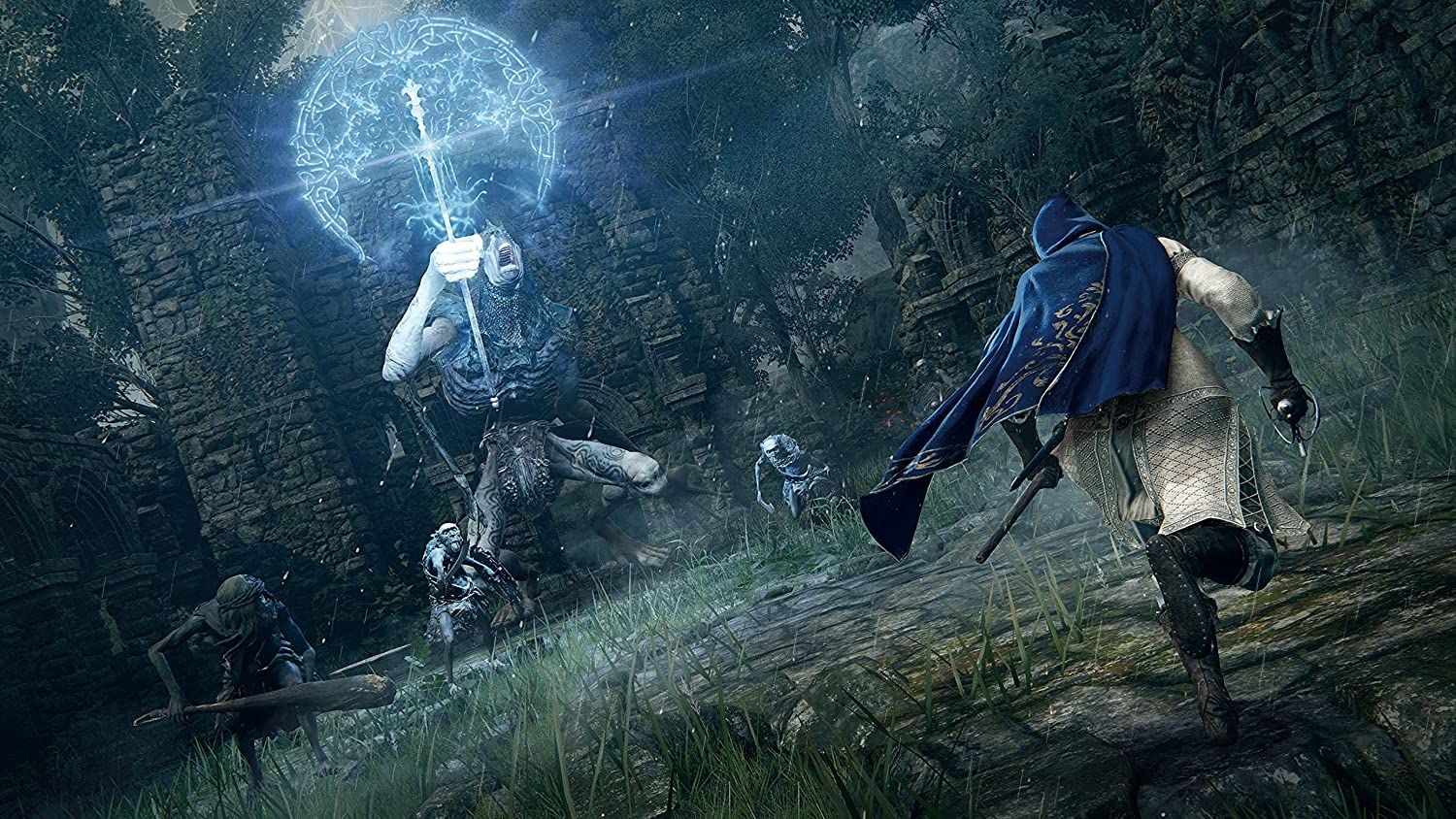 An Elden Ring player character fighting a group of enemies, one of which is casting a spell manifesting as blue runic light.