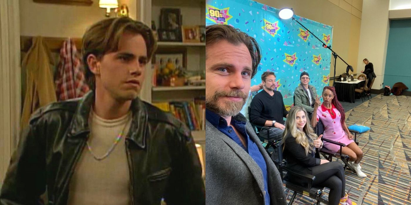 A split image of Rider Strong from Boy Meets World and today at a conference