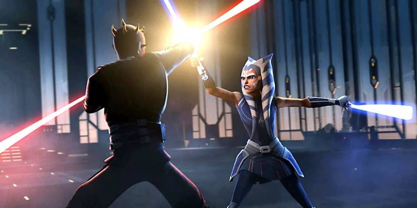 Ahsoka Tano vs. Maul in The Clone Wars with both wielding their lightsabers as they clash