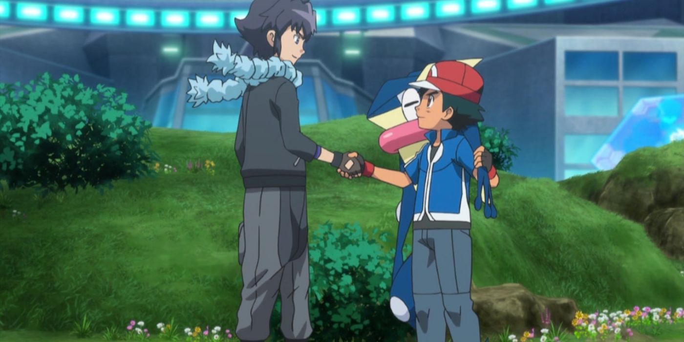 Uma cena mostrando Alain apertando a mão de Ash enquanto Ash cuida de Greninja.