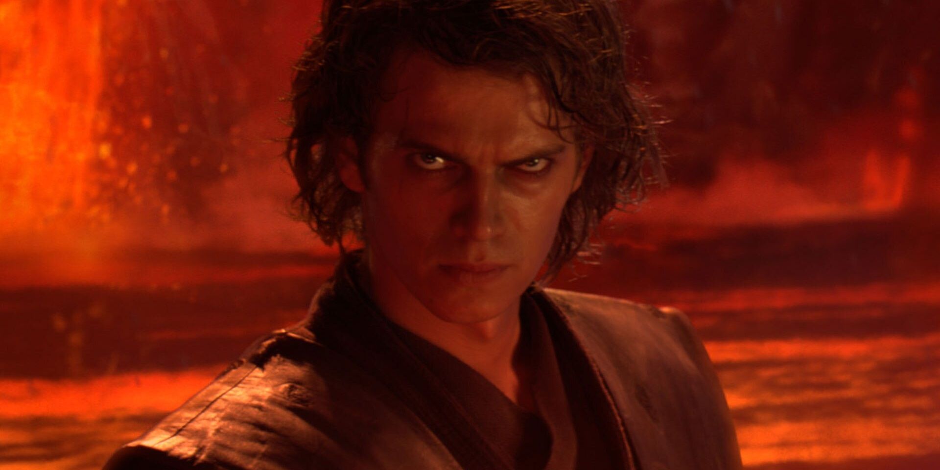 Anakin as Darth Vader glaring toward the camera on Mustafar