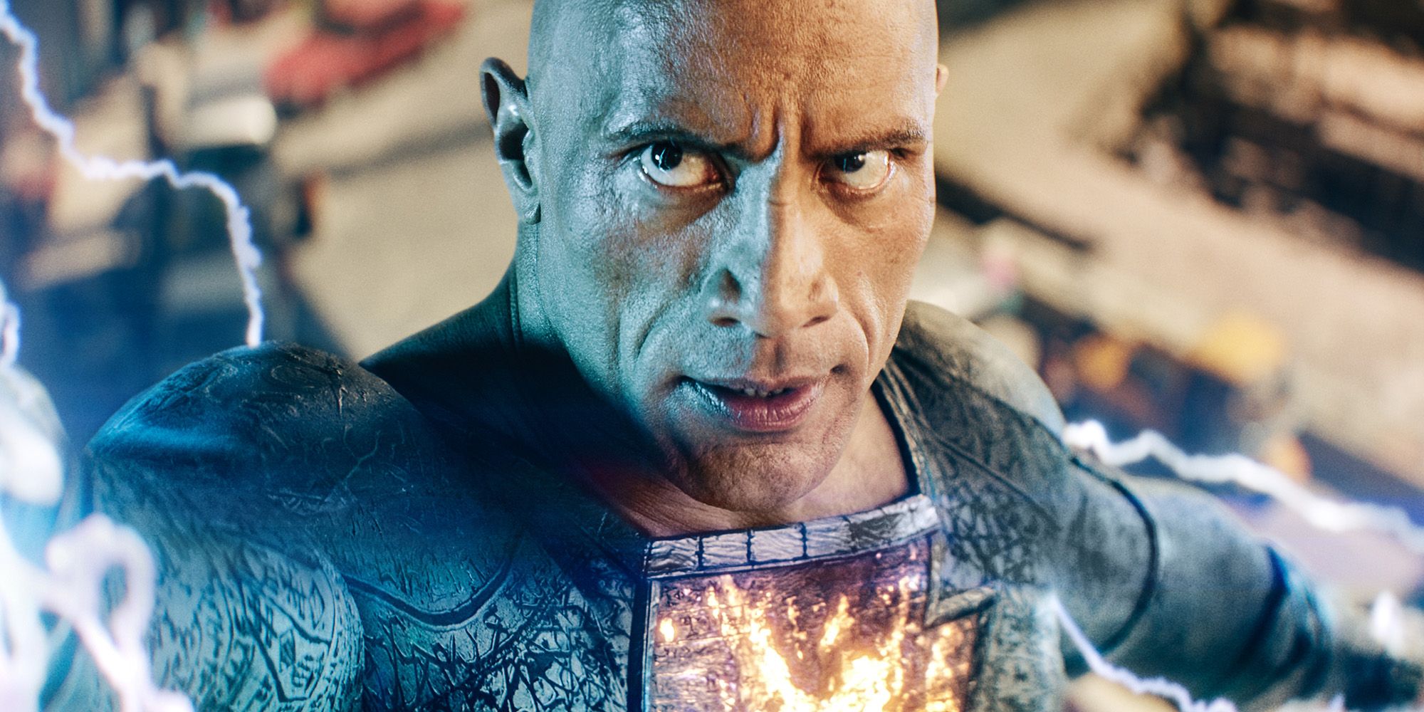 Black Adam with lightning jumping off his body.