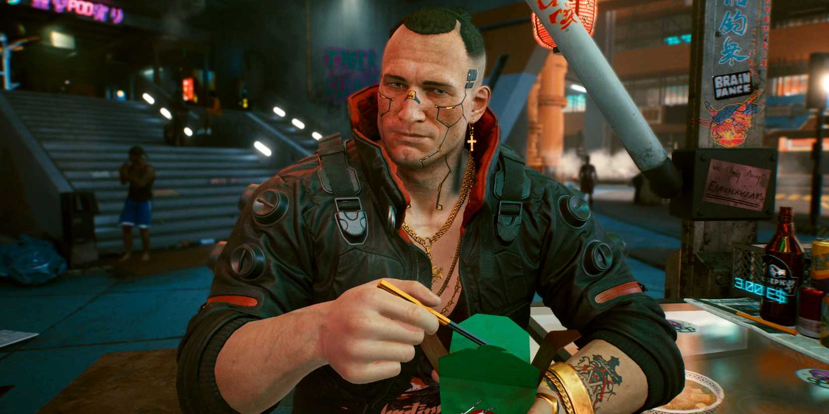 Jackie Welles eats noodles in Cyberpunk 2077.