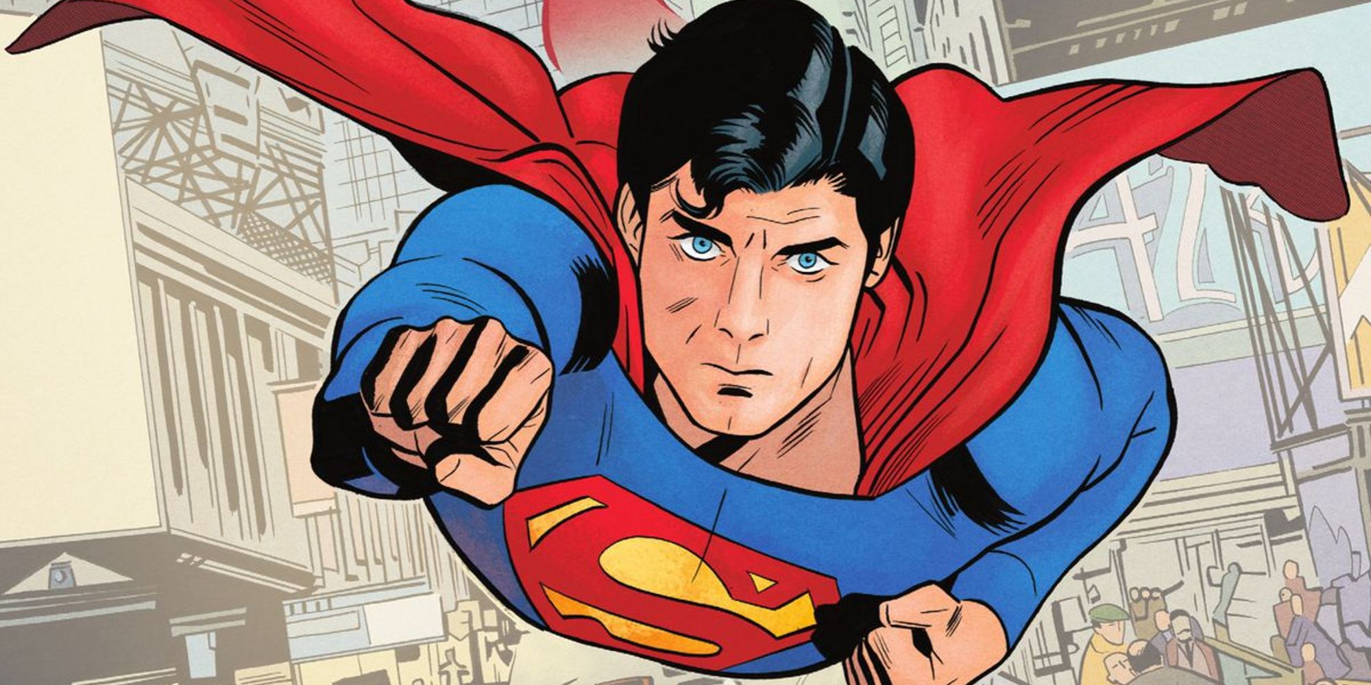 Christopher Reeve's Superman flying to the camera in Superman '78 comic