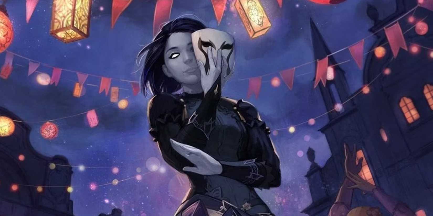 A changling from D&D's Eberron setting, holding a mask in the middle of a festival.
