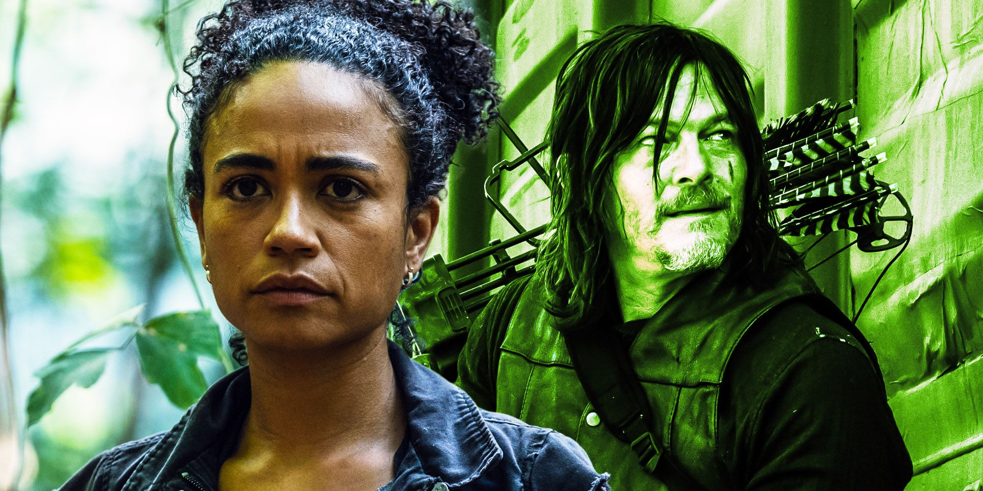 Connie (Lauren Ridloff) looking seriously next to Daryl (Norman Reedus) glancing off to the side in The Walking Dead