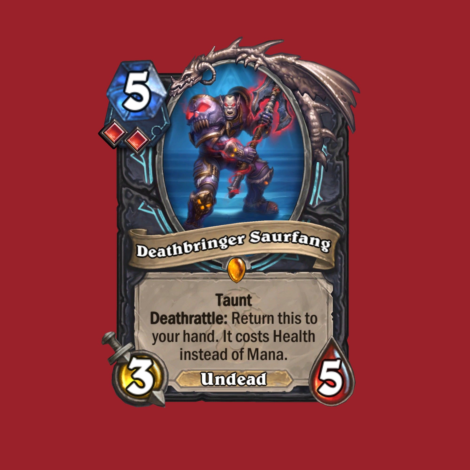 Deathbringer Saurfang Hearthstone card on a red background.