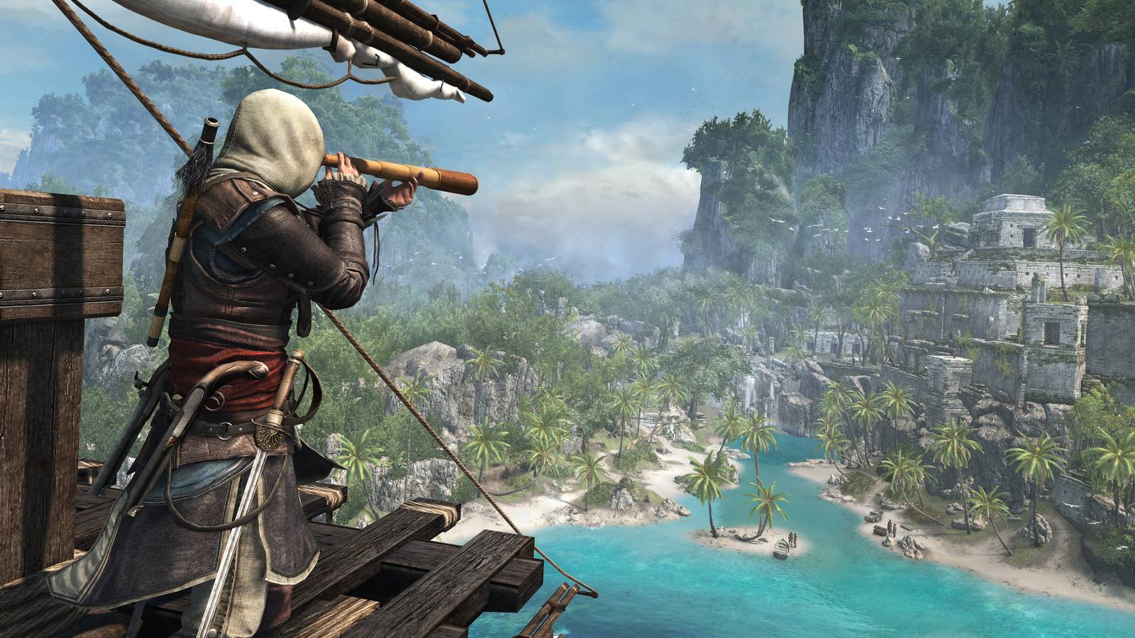 Edward Kenway peering through a looking glass at an island from his ship at sea in Assassin's Creed IV Black Flag.