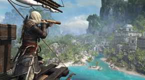 Edward Kenway peering through a looking glass at an island from his ship at sea in Assassin's Creed IV Black Flag.