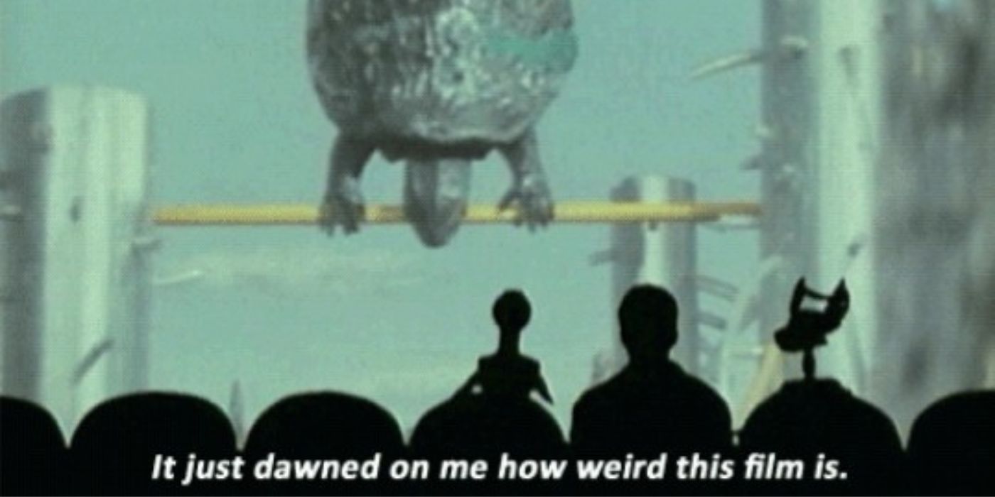 Tom Servo, Joel, and Crow watching the film Gamera vs. Guiron and making commentary.
