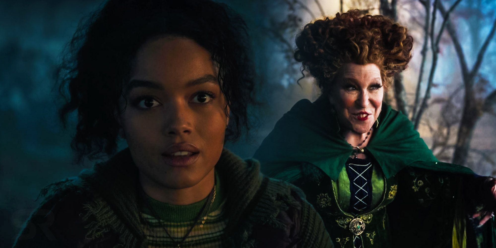 A composite image of Becca looking shocked in front of WInnie smiling in Hocus Pocus 2