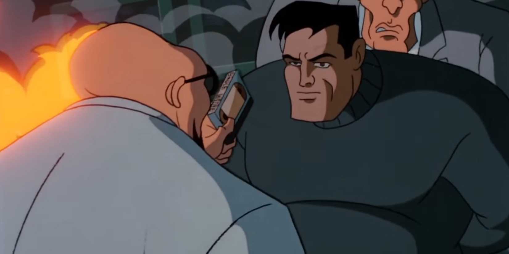 Hugo Strange ameaçando Bruce Wayne com uma fita VHS em O Estranho Segredo de Bruce Wayne em Batman: A Série Animada