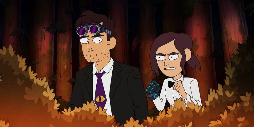 Reagan Ridley and Ron Staedtler hiding in the bushes before executing their plan in Inside Job season 2
