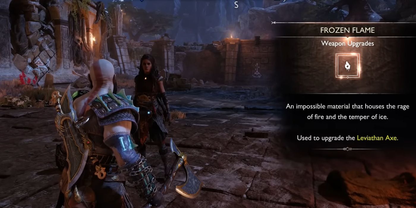 Kratos Speaking with Freya after Receiving a Frozen Flame in God of War Ragnarök