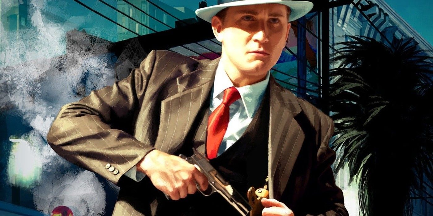 LA Noire&rsquo;s Cole pulling a gun from his jacket.
