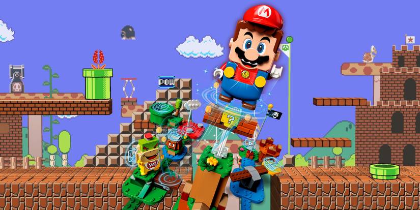 The Mushroom Kingdom stage from Super Smash Bros Ultimate with Lego Mario and some lego structures in front of it