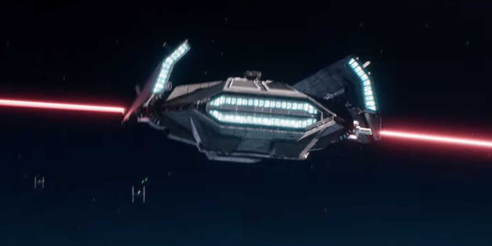 Luthen Rael's ship shooting lasers in Andor