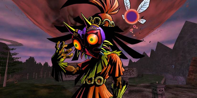 Skull Kid from The Legend of Zelda: Majora's Mask standing in front of the moon crashing during the title's Game Over cutscene.