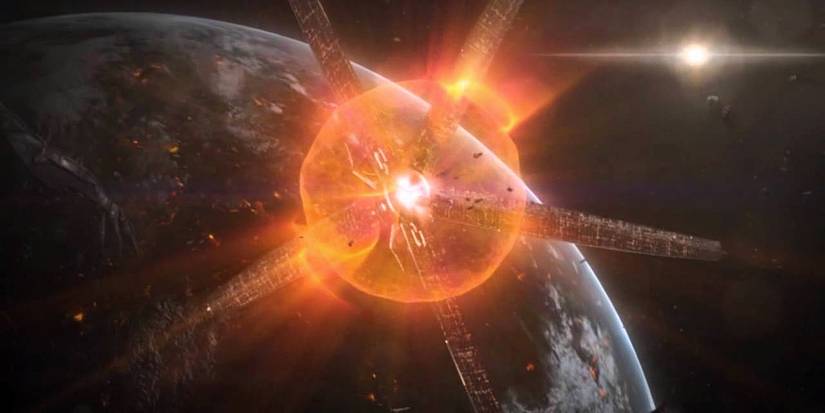 Image of the red Catalyst blast on the Citadel in space just above Earth from Mass Effect 3.