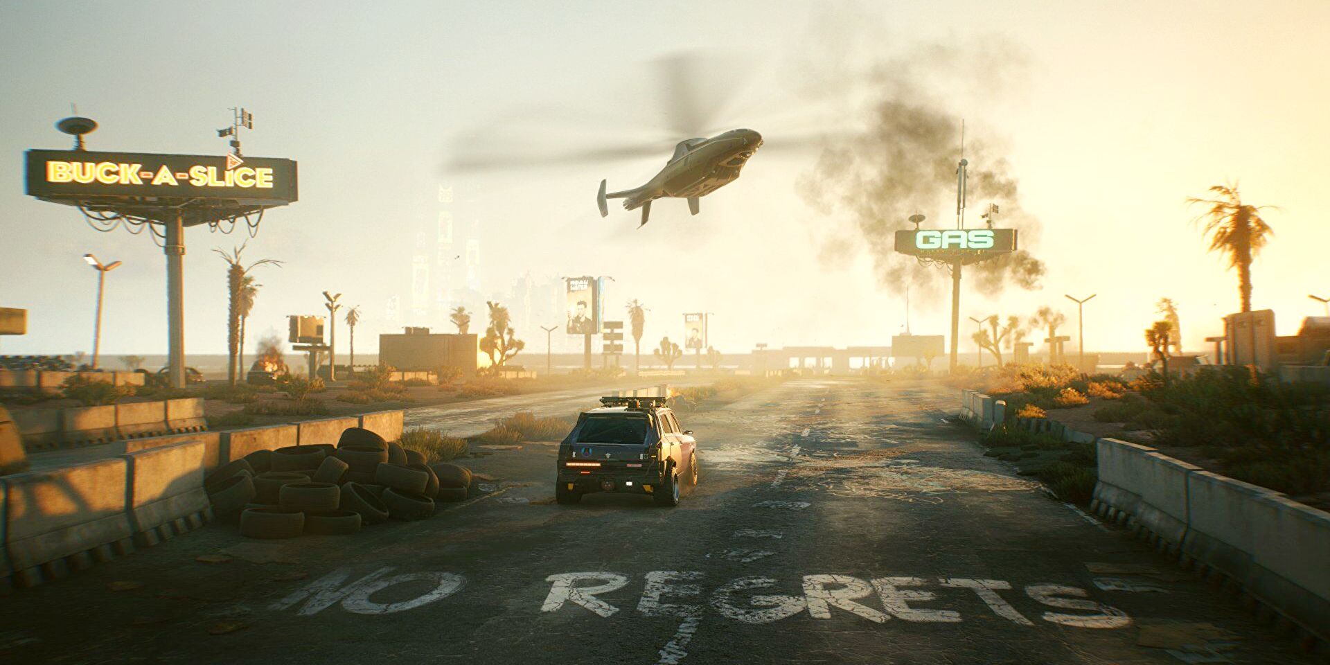 Un tratto di strada nelle Badlands di Cyberpunk 2077 con scritto NO REGRETS sull’asfalto