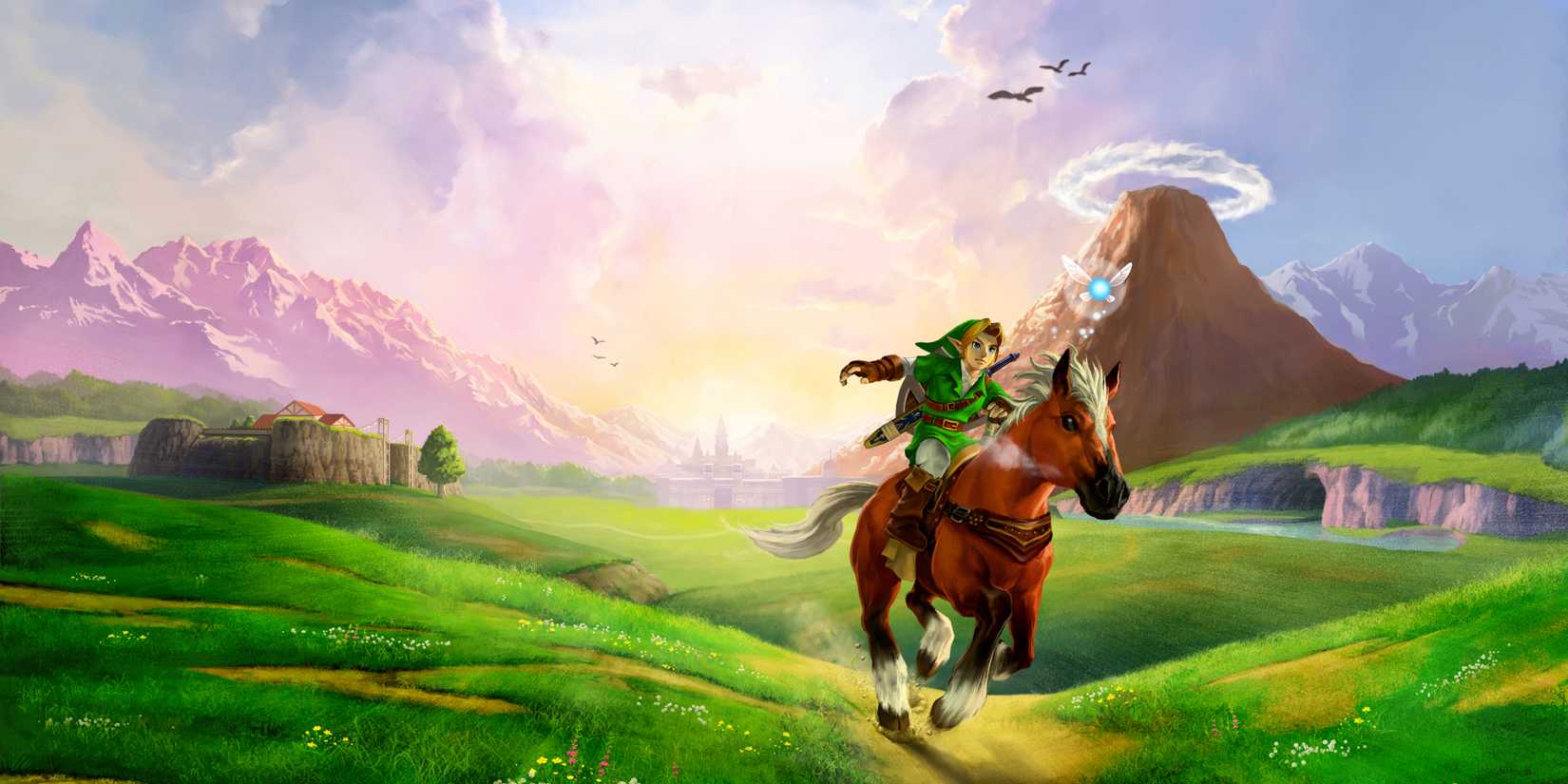 Artwork for Ocarina of Time 3D, showing Link riding Epona through Hyrule Field.