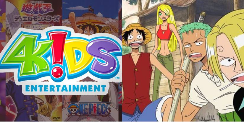 Split image of the 4Kids logo and a scene from One Piece.