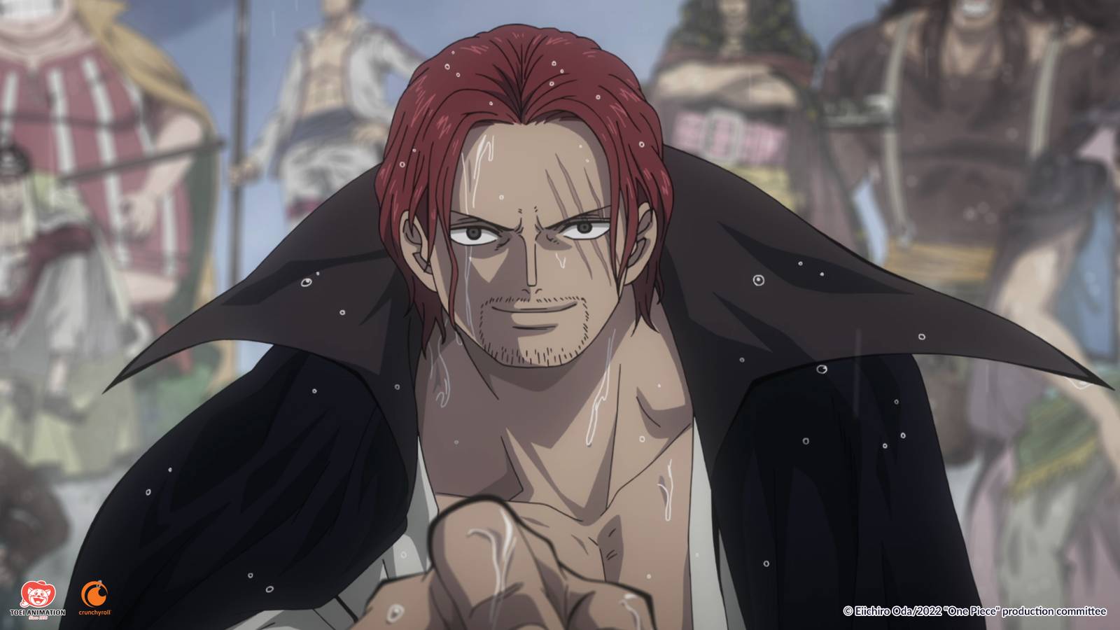 Image from one piece film red shows shanks extending his hand out while it's raining and his crew is standing behind him.