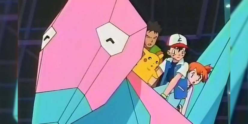Ash, Pikachu, Misty, and Brock ride Porygon in Pokemon.