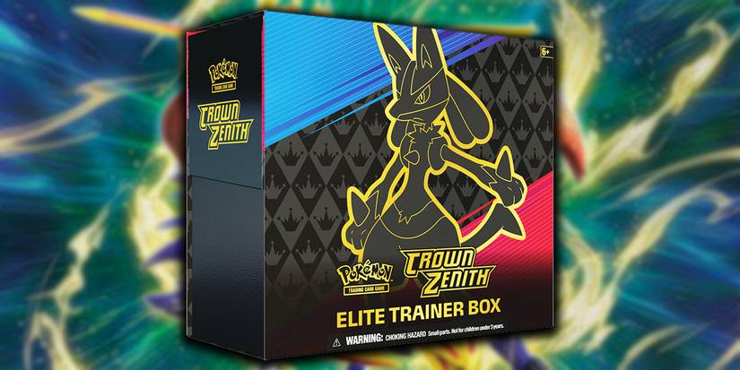 Pokémon TCG Crown Zenith Elite Trainer Box, featuring black and gold artwork of Lucario.