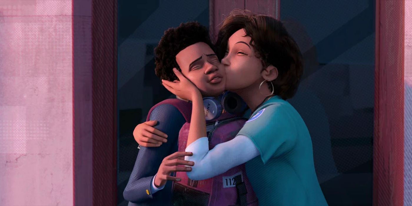 Rio Morales kisses Miles on the cheek in Spider-Man into the Spider-Verse