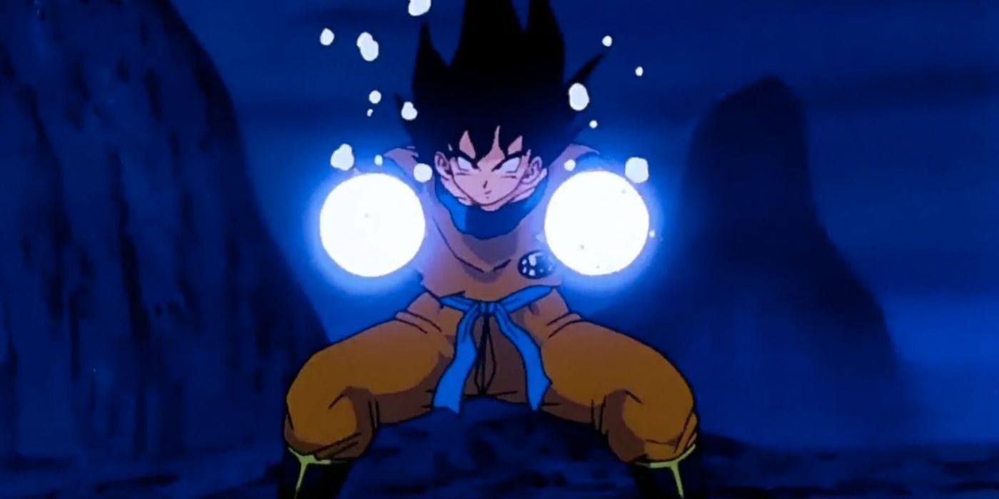 Goku using Twin Dragon Shot underwater in Dragon Ball Z.