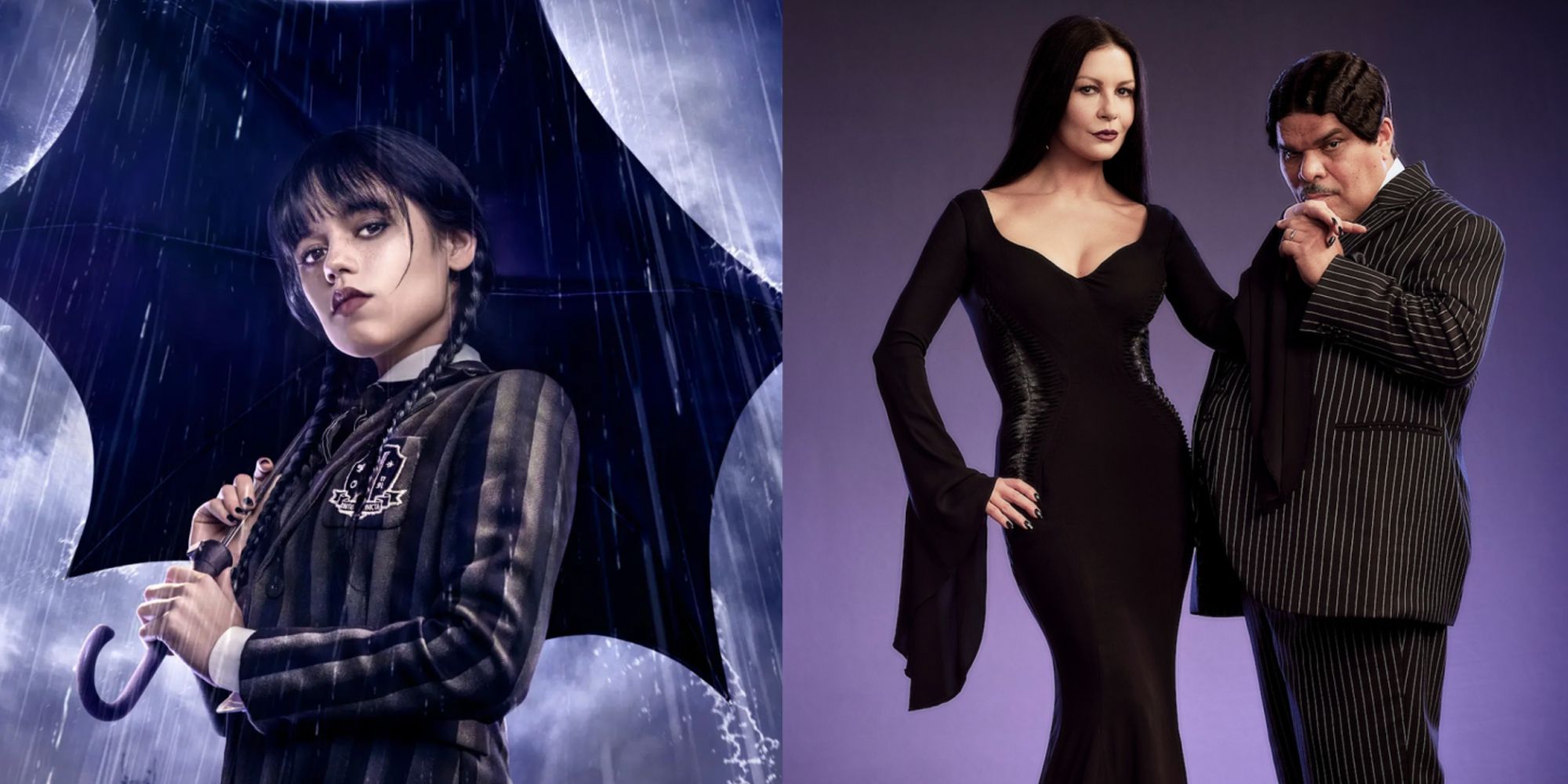 Split image of Wednesday Addams (Jenny Ortega) and an image of Morticia and Gomez Addams (Catherine Zeta-Jones and Luis Guzman) in Netflix Wednesday