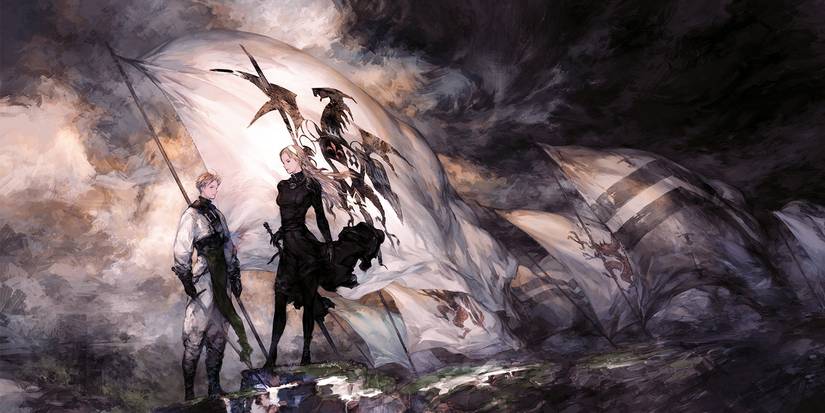 Tactics Ogre Reborn characters standing on a barren, gloomy battlefield.