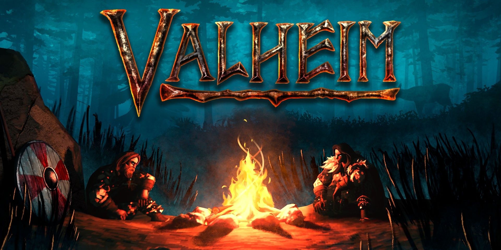 Two Valheim characters sitting by the fire