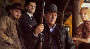 Kayce, Jamie, John, and Beth Dutton posing at the Yellowstone Ranch in Yellowstone