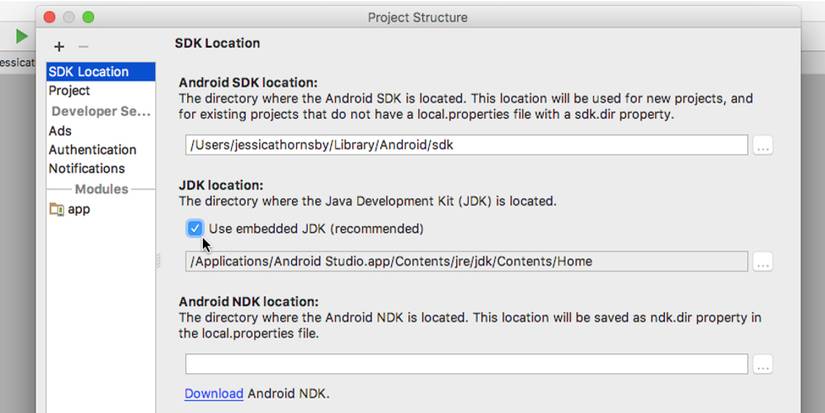 A Android JDK Location error is shown
