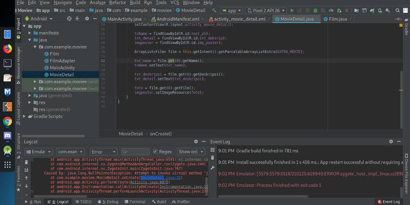 An Android null pointer error is shown