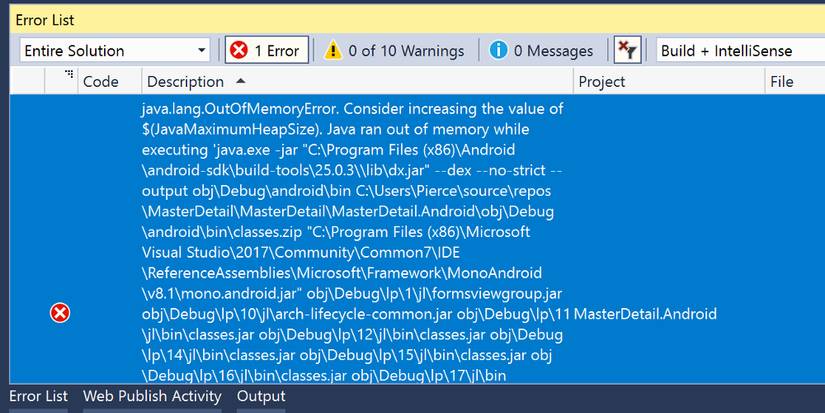 An Android memory error is shown