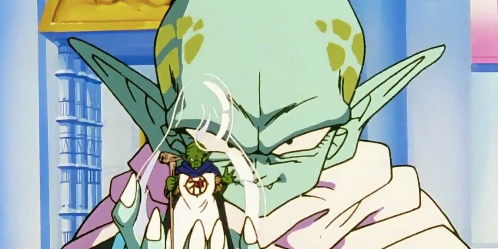 Garlic Jr. de Dragon Ball Z segurando um Kami aprisionado