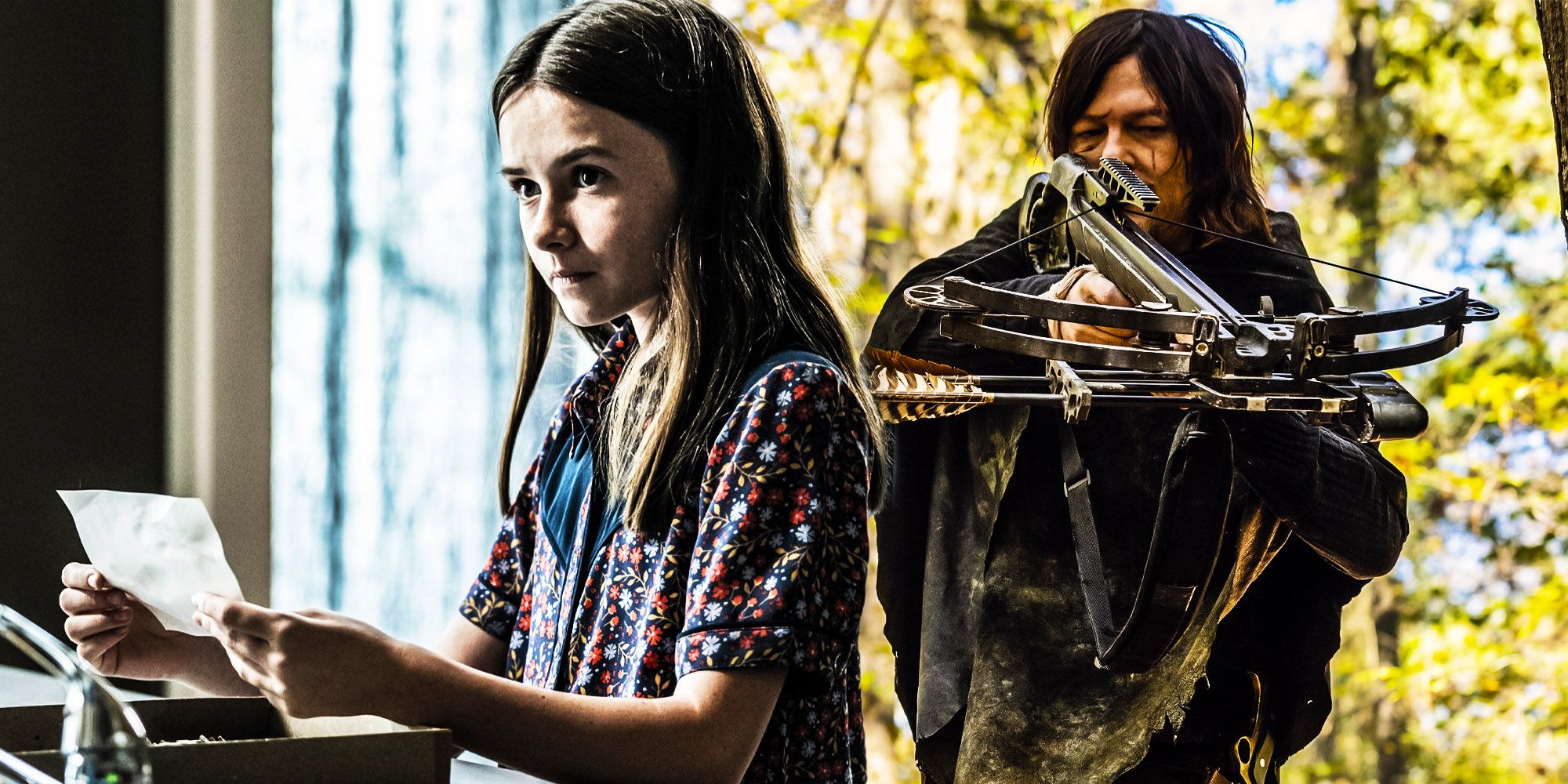 Judith Grimes (Cailey Fleming) holding a piece of paper and Daryl Dixon (Norman Reedus) aiming a crossbow in The Walking Dead